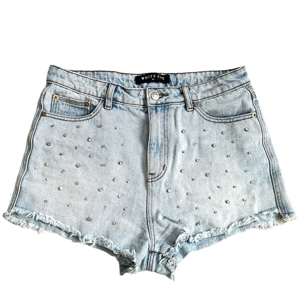 White Fox Boutique Pants - White Fox High Rise Cut Off Jeweled Bedazzled Rhinestone Denim Jean Shorts sz M